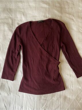 Bershka, Cross over, Maroon, 3/4 sleeve, Top